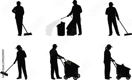 Cleaning worker silhouettes, janitor sweeping, sanitation crew, man with broom, woman cleaning floor, disinfecting service, garbage handling, hygiene maintenance, custodial staff, waste managemen