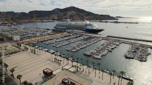 Tableau sur toile Aerial View of Sailboats and Cruise Ship at Cartagena Recreational Harbor, Spain