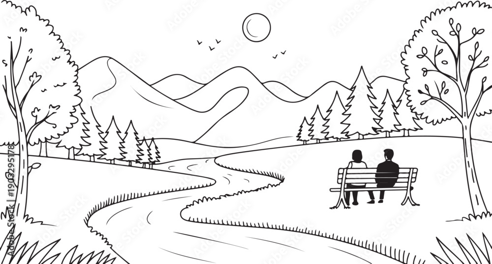 Fototapeta premium Moonlit Mountain Valley Coloring Page 