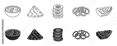 Black and white food icon collection featuring a bowl of soup, a tortilla chip, stacked vegetable slices, fried rings, and a slice of cake in line art and solid styles