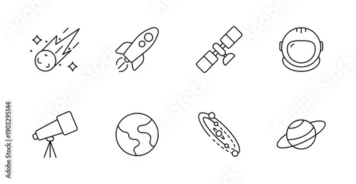 Space set icon. Comet, rocket, satellite, helmet, telescope, planet, orbit, Saturn shown in astronomy outline style.