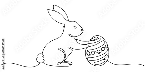 Continuous one line drawing of Easter bunny fluffy rabbit. Isolated on white background vector illustration
