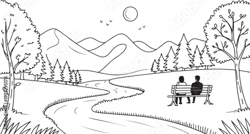 Moonlit Mountain Valley Coloring Page
