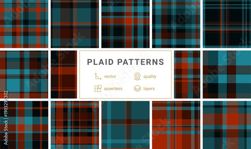 Classic seamless plaid pattern featuring rich teal, warm orange, and black tones. This timeless textile design is ideal for autumn fashion, fabric prints, and professional backgrounds.