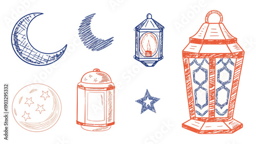 Artistic sketch illustration of key Ramadan symbols such as a crescent moon and mosque, capturing the essence of the holy month.