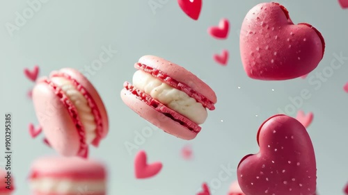 Delicious french macaroons with small heart decorations on a pastel background for valentine celebration