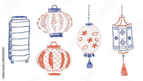 Creative doodle illustration of festive lanterns and Ramadan symbols, perfect for holiday greetings and cultural designs.