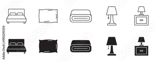 Bedroom furniture and bedding icon set in black, featuring a bed, pillow, blanket, lamp, and nightstand in both outline and solid silhouette styles for user interface design