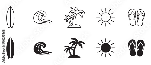 Set of black summer vacation icons in two styles, outline and solid silhouette, showing a surfboard, wave, palm tree, sun, and flip-flops for tropical themes