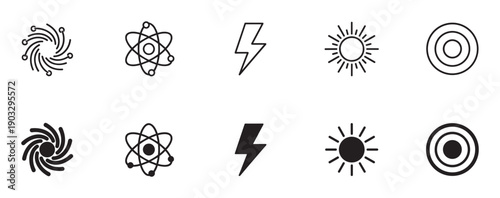 Set of black minimalist icons representing energy, science, and power in two distinct styles, line art and solid fill, featuring a galaxy, atom, lightning bolt, sun, and target symbol
