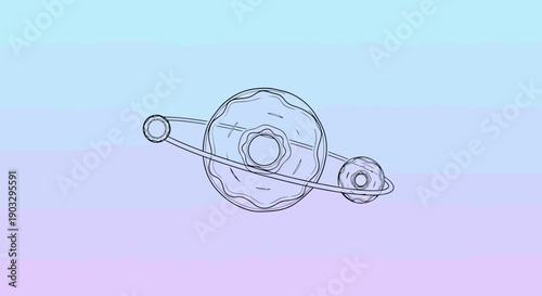 Minimalist line art illustration of a whimsical donut planet with orbiting pastry moons and stars