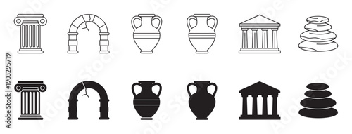 Collection of ancient classical and spa icons featuring a column, arch, amphora, temple, and stacked stones in both line art and silhouette styles
