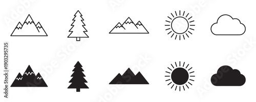 Collection of black nature icons featuring mountains, a pine tree, sun, and a cloud, presented in both simple outline and solid silhouette vector styles for graphic design