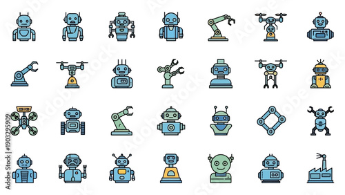 Robots and robotic machine parts icons.