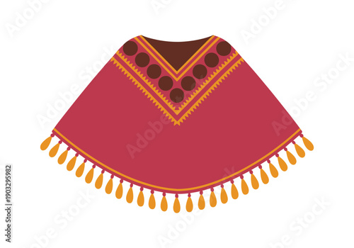 Vibrant red poncho featuring intricate yellow patterns and dangling tassels, a classic cultural garment.