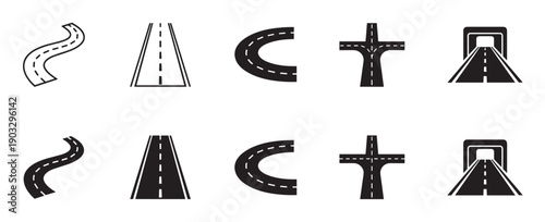 Collection of black road and highway icons showing various shapes like curves, intersections, and tunnels in both outline and solid silhouette styles for graphic design
