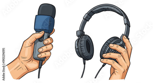 Hand Holding News Microphone and Headphones with White Background
