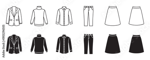 Collection of black and white clothing icons featuring a blazer, turtleneck, shirt, trousers, and skirt in both outline and solid glyph styles for fashion or retail concepts