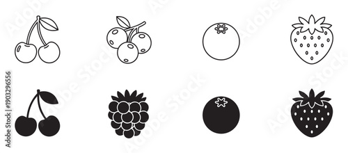 Set of eight minimalist fruit icons featuring cherry, strawberry, blueberry, and raspberry presented in both black outline and solid silhouette graphic styles