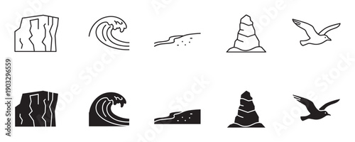Set of seaside nature icons featuring a cliff, wave, beach, sea stack, and bird, presented in both minimalist outline and solid black silhouette styles