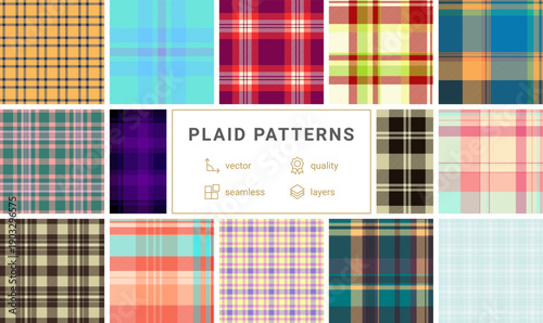 Plaid pattern pack tailored for DIY crafting. Coordinated tartan patterns fit scrapbooks, stickers, and paper embellishments. Seamless vector repetition aligns perfectly.