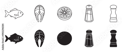 Black and white food ingredient icons showing fish, salmon steak, lemon, salt, and pepper in both outline and solid silhouette styles for a clean, modern graphic design