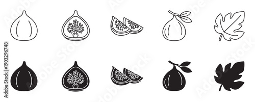 Fig fruit icon set with line art and solid silhouette styles showing whole, half, sliced, and leaf designs for graphic and web use, presented in a clean minimalist vector illustration