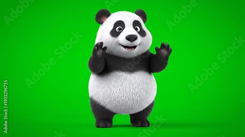 A cartoon panda waving its paws in a greeting gesture in a 3D animated video scene