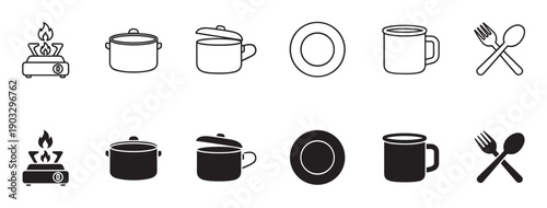 Collection of camping cooking gear icons featuring a portable stove, pot, mug, plate, fork, and spoon, shown in two distinct styles: simple line art and solid black silhouette