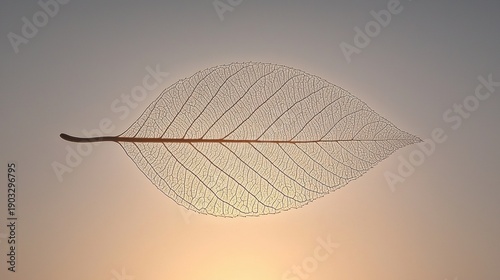 A leaf with a network of veins against a gradient sky.