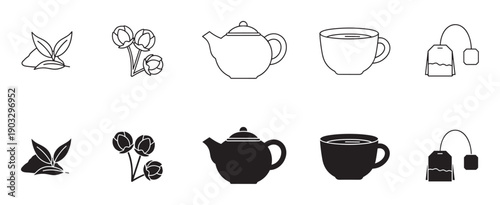 Set of black tea related icons showing leaves, flowers, a teapot, a cup, and a teabag in both minimalist line art and solid silhouette graphic styles