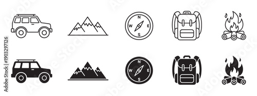 Set of camping and hiking icons featuring an off-road car, mountains, compass, backpack, and campfire, presented in both minimalist line art and solid glyph vector styles