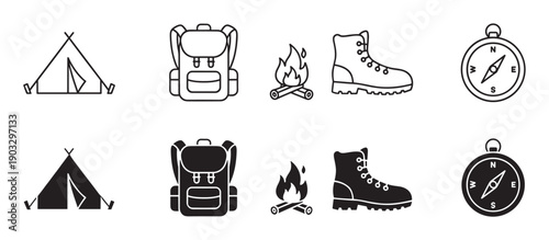 Set of black camping and hiking icons including a tent, backpack, campfire, boot, and compass in two styles, line art and solid glyph, for outdoor adventure themes