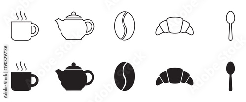 Black coffee and tea breakfast icon set in minimalist outline and solid glyph styles, featuring a steaming cup, teapot, bean, croissant, and spoon for cafe or restaurant menus