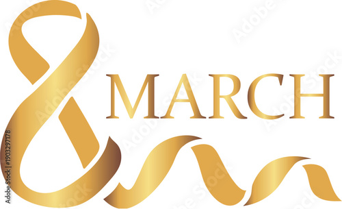 gold wide ribbon forming the number 8 and text on the side, design for March 8, for online stores, marketplaces, social networks and promotional banners