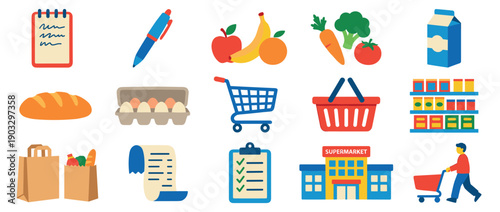 Vibrant set of flat design icons for grocery shopping, including fresh produce, dairy, bread, a shopping cart, basket, checklist, and a supermarket storefront illustration