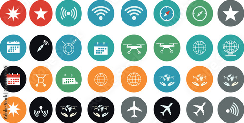 Flat Technology Travel and Communication Icon Set with Airplane Drone Signal Calendar Globe and Navigation Symbols in Colorful Circles
