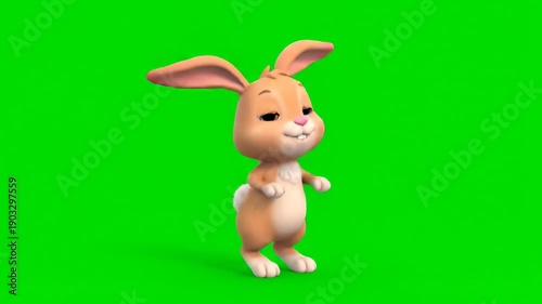 Animated cartoon rabbit character in a 3D video standing on hind legs with large ears and cute facial expression