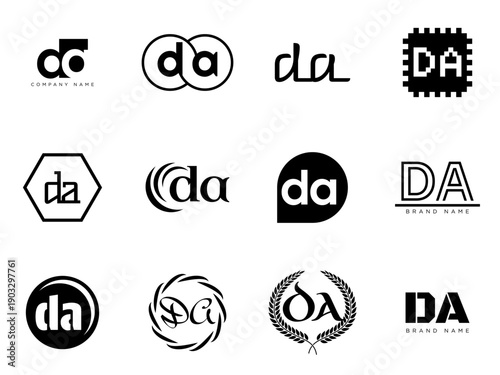 DA logo company template. Letter d and a logotype. Set different classic serif lettering and modern bold text with design elements. Initial font typography.