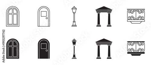 Collection of black architectural design icons showing a window, door, street lamp, entrance, and balcony in two distinct styles: thin line art and solid black silhouette