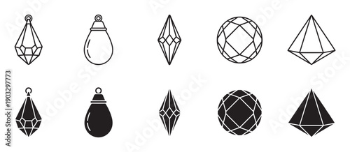 Set of black crystal and gemstone icons featuring various shapes including pendants and faceted gems, presented in both thin line art and solid black glyph styles