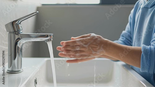 close-up video of a boy thoroughly washing his hands in the sink, a concept for the importance of hygiene and routine health care