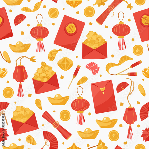 Chinese New Year celebration elements pattern featuring envelopes, lanterns, and gold ingots in a festive red and gold color scheme