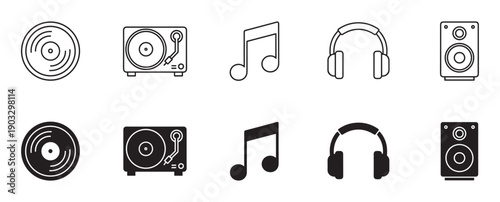Set of black music and audio icons featuring a vinyl record, turntable, note, headphones, and speaker, presented in two distinct styles: a thin outline and a solid filled glyph