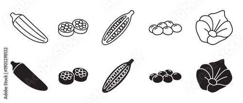 Black and white okra vegetable icon set showing the whole pod, cross-section, slices, seeds, and flower in a clean minimalist line art and solid silhouette style