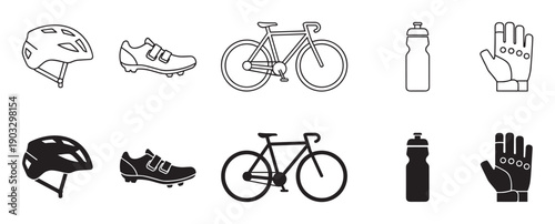 Black cycling gear icon set showing a bicycle, helmet, shoe, water bottle, and glove in both outline and solid silhouette styles for graphic design