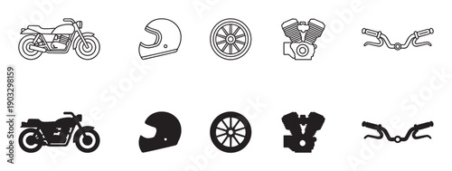 Set of black motorcycle themed icons featuring a classic motorbike, protective helmet, spoked wheel, V-twin engine, and handlebars in line art and solid silhouette versions