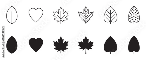 Set of black leaf and heart icons in two styles, line art and solid silhouette, featuring various simple and maple leaf shapes for graphic design and web elements