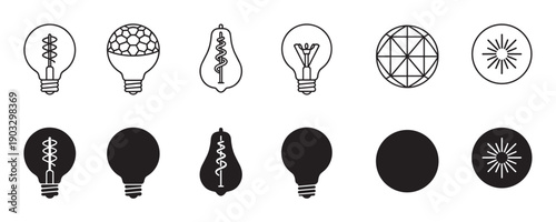 Set of black light bulb icons in minimalist outline and solid silhouette styles representing different lamp types, electricity, energy, and creative idea concepts