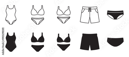 Set of black swimwear icons including one-piece swimsuits, bikinis, trunks, and briefs shown in both outline and solid silhouette styles for men and women